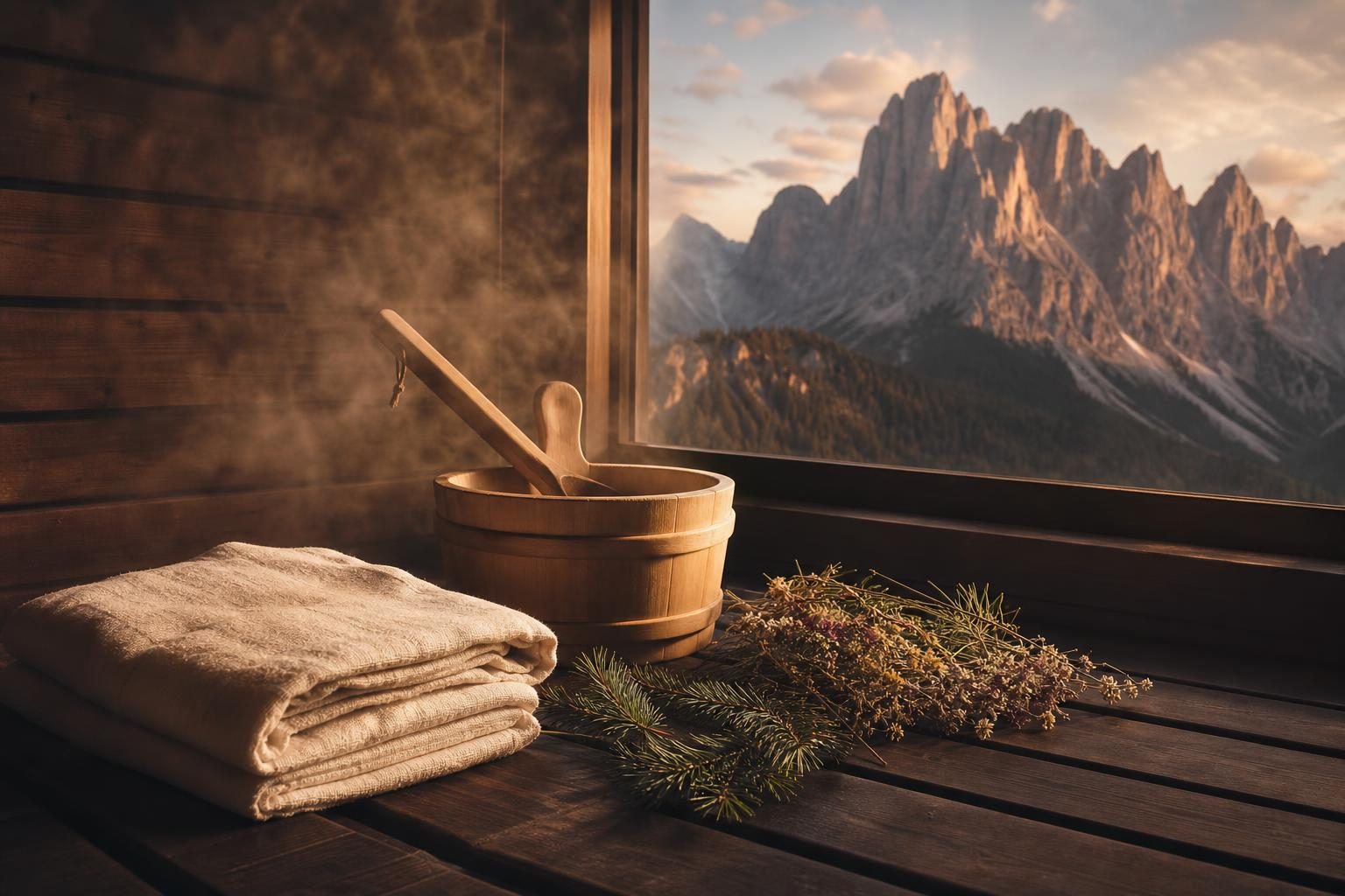 Fensterblick auf die Dolomiten mit Aufgusskübel und Kräutern